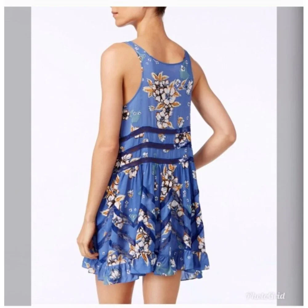 Intimately Free People Floral Print Trapeze Mini Dress XS Blue Boho - Picture 2 of 12